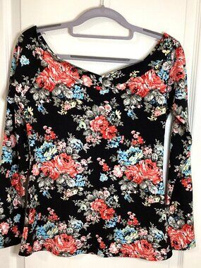 Sarin Mathews Womens Black Floral Long Sleeve Off The Shoulder V-Neck Top Size S